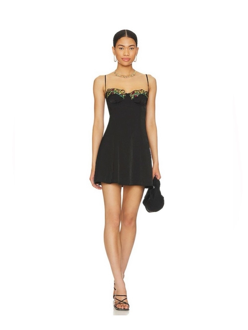 REVOLVE Elodie Black Mini Dress with Multicolor Floral Embroidery